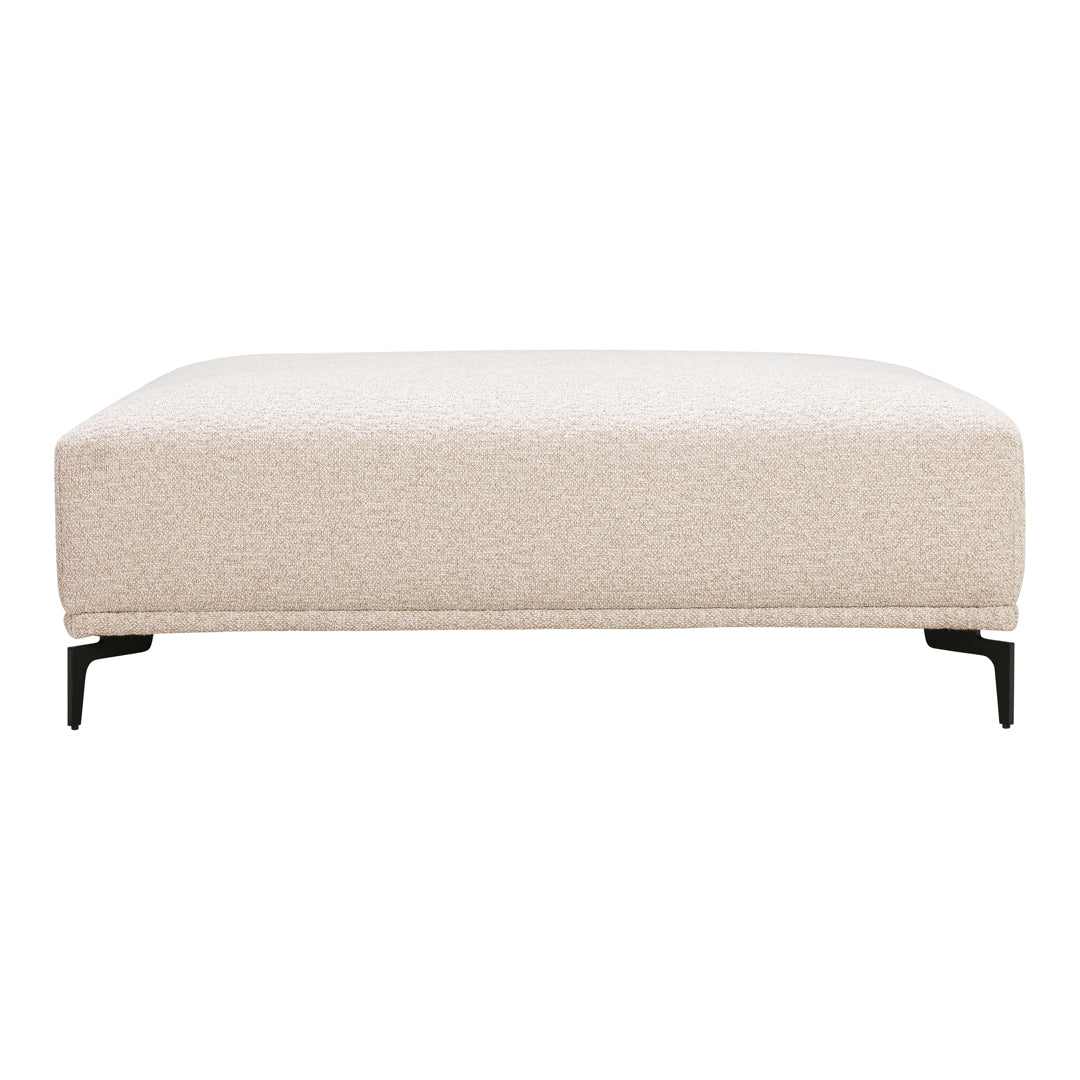 Light beige upholstered ottoman with a textured pattern and black metal legs. Perfect for modern decor.