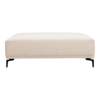 Light beige upholstered ottoman with a textured pattern and black metal legs. Perfect for modern decor.