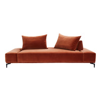 Velvet orange sofa with two plush cushions, featuring a sleek, modern design and clean lines. Perfect for stylish interiors.