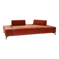 "Rust orange velvet sofa with a sleek, minimalist design and black metal legs, featuring clean lines and modern style."
