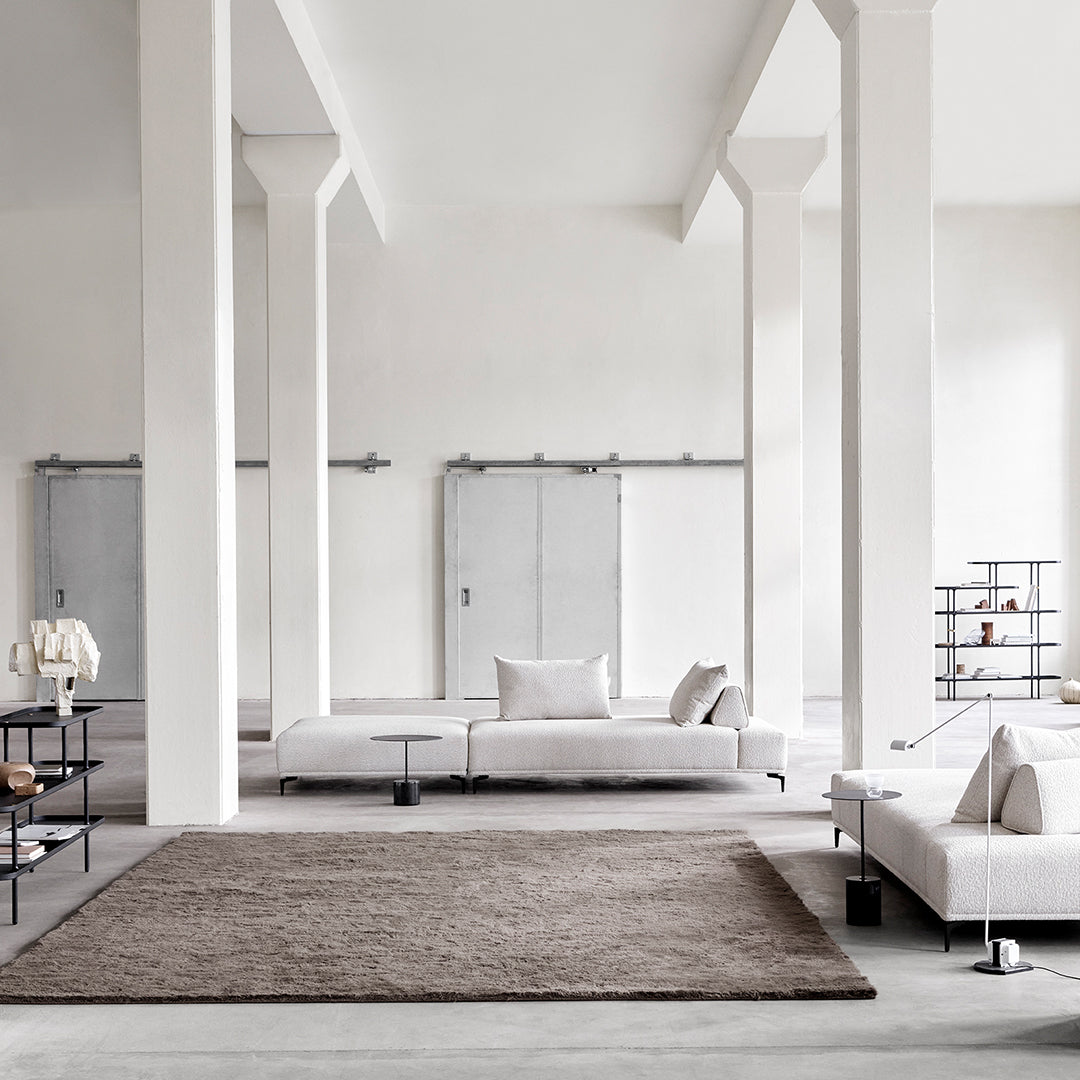 Neutral beige area rug on a light gray floor, with minimalist white and black furnishings for a modern aesthetic.