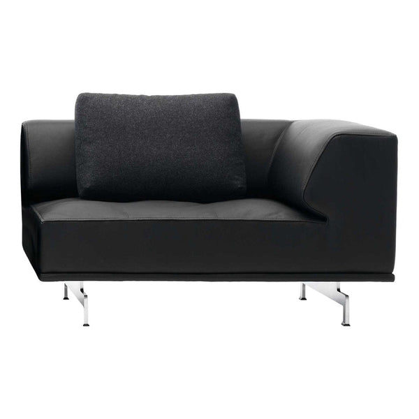 Black sofa with sleek, modern design and a textured gray cushion. Features minimalist chrome legs.