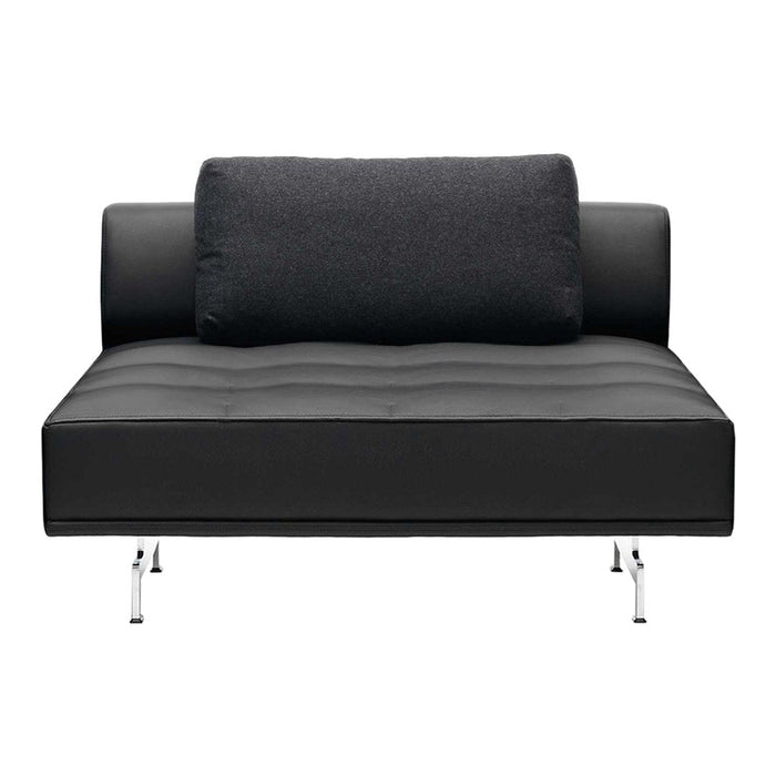 Black leather loveseat with a dark gray cushion and sleek chrome legs, featuring a smooth, minimalist design.