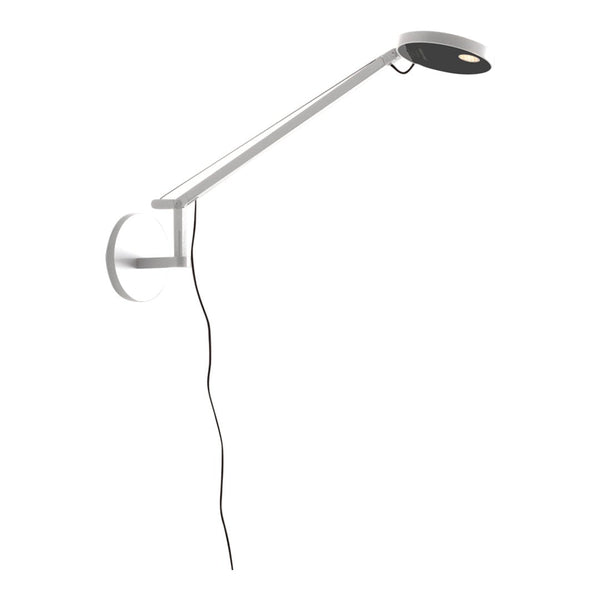 Sleek white wall lamp with a black shade, featuring a modern design and minimalist lines. Perfect for contemporary decor.