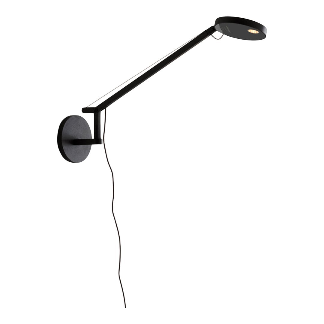 Sleek black wall lamp with a minimalist design, featuring circular lampshade and modern linear arm. 