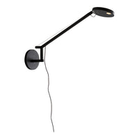 Sleek black wall lamp with a minimalist design, featuring circular lampshade and modern linear arm. 