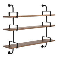 Industrial-style wall shelves with natural wood tones and black metal brackets for a modern aesthetic.