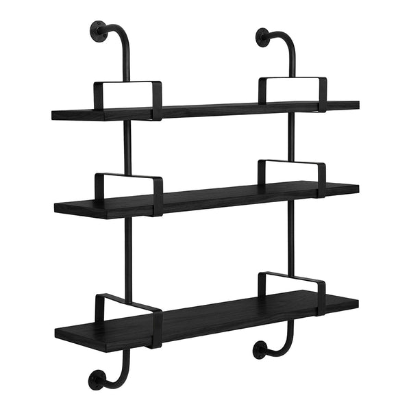 Black metal wall shelf with three flat surfaces and minimalist design, featuring clean lines and curved brackets.