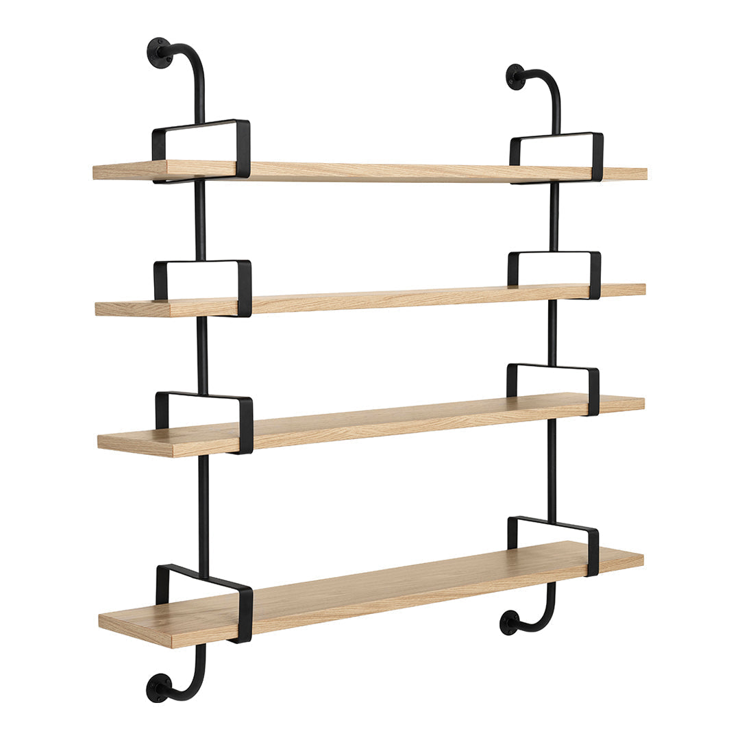 "Minimalist black metal shelf with natural wood shelves, featuring a sleek, modern design and clean lines."