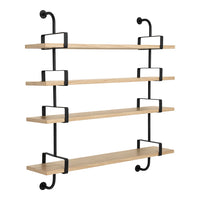 "Minimalist black metal shelf with natural wood shelves, featuring a sleek, modern design and clean lines."