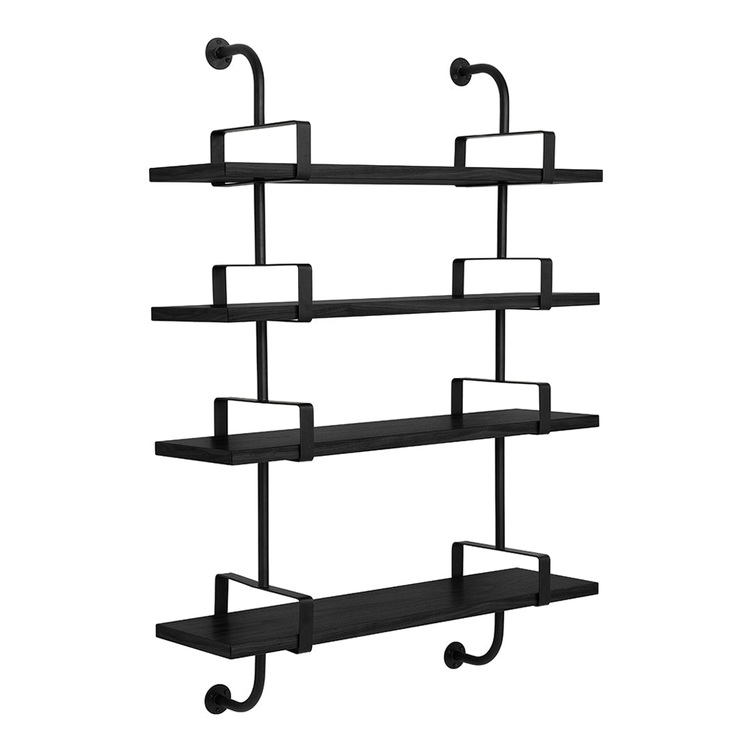 Black metal wall shelf with four spacious tiers and minimalist design, featuring a sleek matte finish.