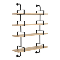 "Modern black metal shelving unit with five light wood shelves, showcasing a sleek industrial design."