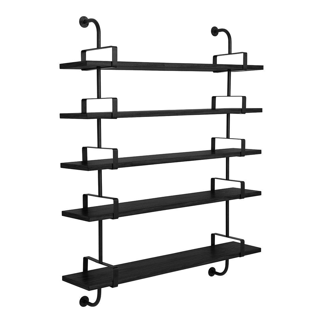 Black metal wall shelf with five flat shelves, featuring a minimalist design and sleek, industrial-style lines.
