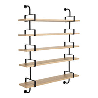 Black metal wall shelf with natural wood finish, featuring a modern geometric design and five open shelves.