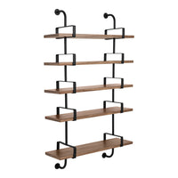 Wooden shelves with natural brown finish and sleek black metal brackets for modern rustic decor.