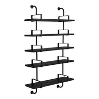 Black metal shelving unit with a minimalist design and sleek lines, featuring five spacious shelves for decor or storage.