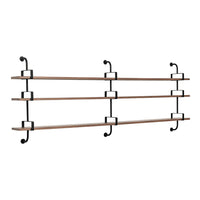 Wooden shelves with a natural finish and black metal brackets, featuring a minimalist and modern design.