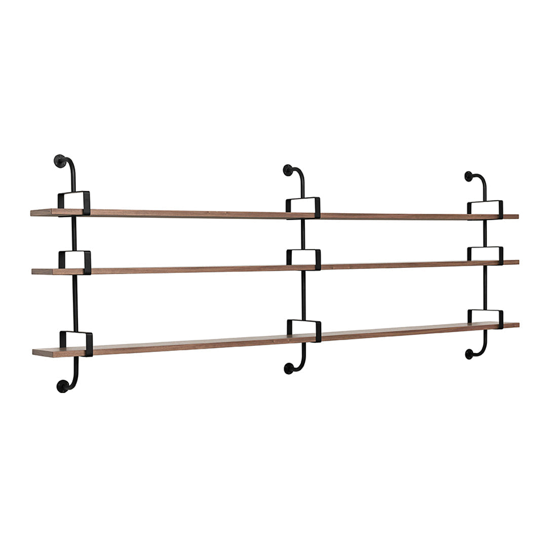 Wooden shelves with a natural finish and black metal brackets, featuring a minimalist and modern design.
