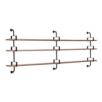Wooden shelves with a natural finish and black metal brackets, featuring a minimalist and modern design.