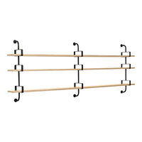 Natural wood shelves with black metal brackets, featuring a sleek, minimalist design and smooth finish.