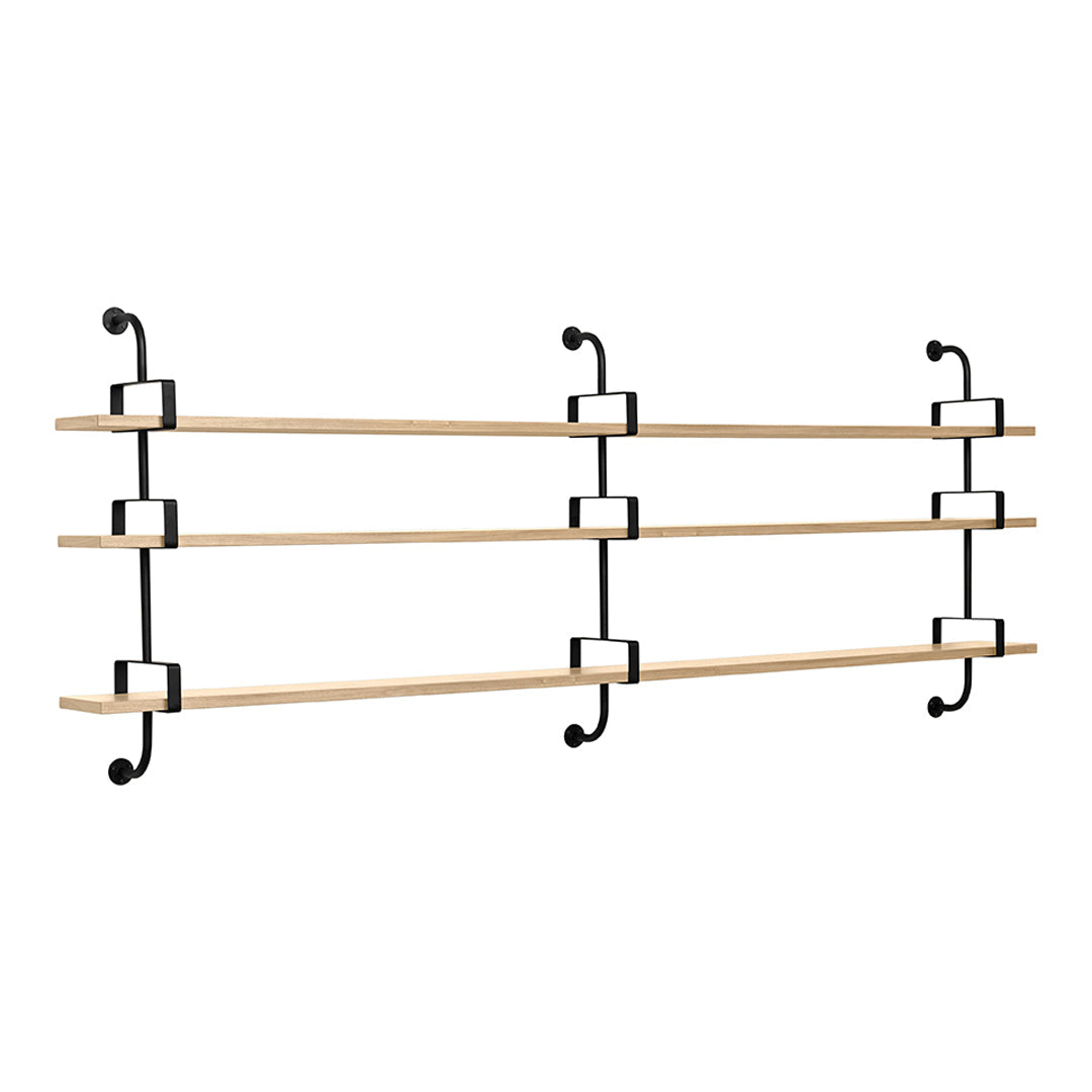 Natural wood shelves with black metal brackets, featuring a sleek, minimalist design and smooth finish.