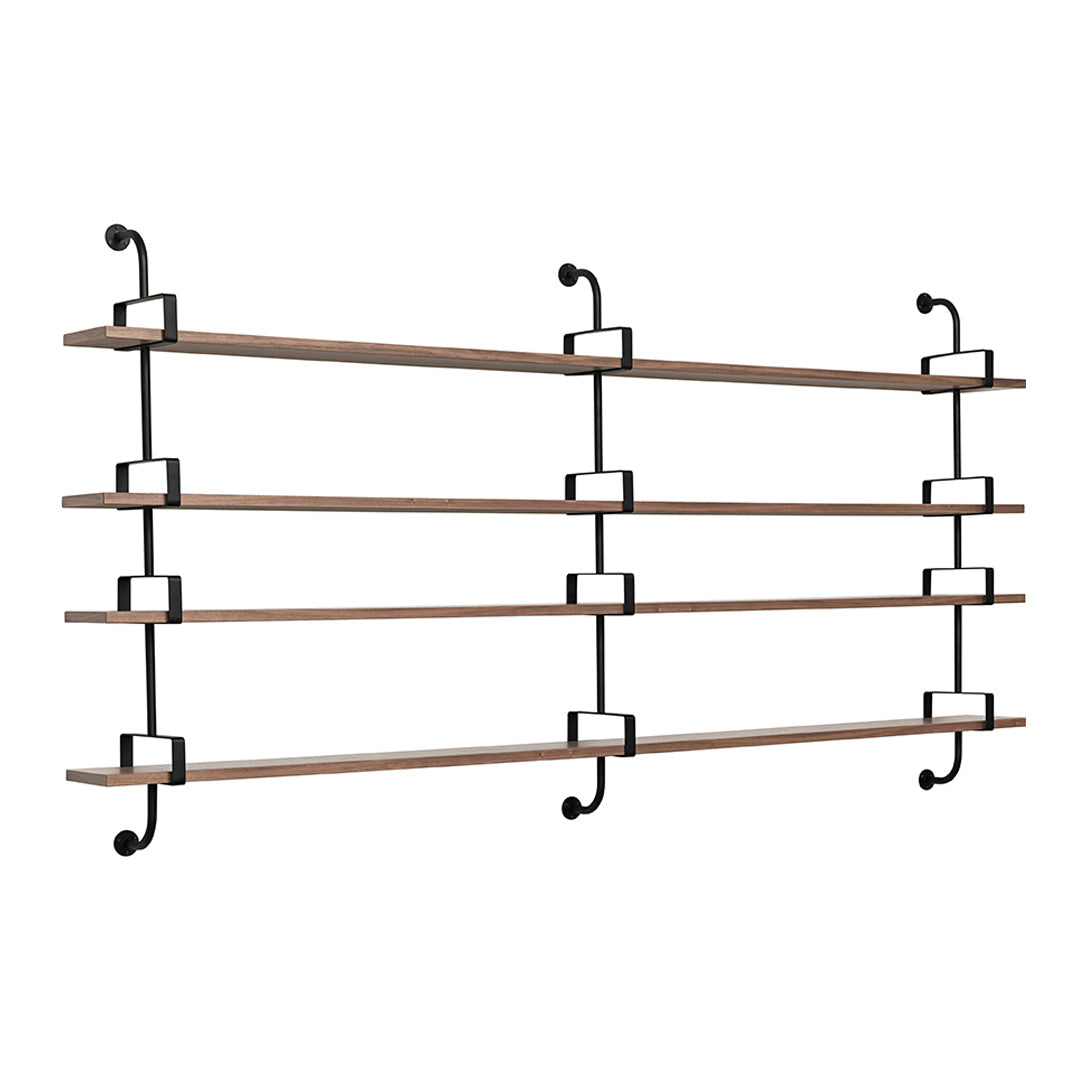 "Wooden shelves with a natural finish and sleek black metal brackets, featuring a minimalist design."