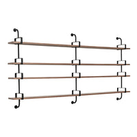 "Wooden shelves with a natural finish and sleek black metal brackets, featuring a minimalist design."