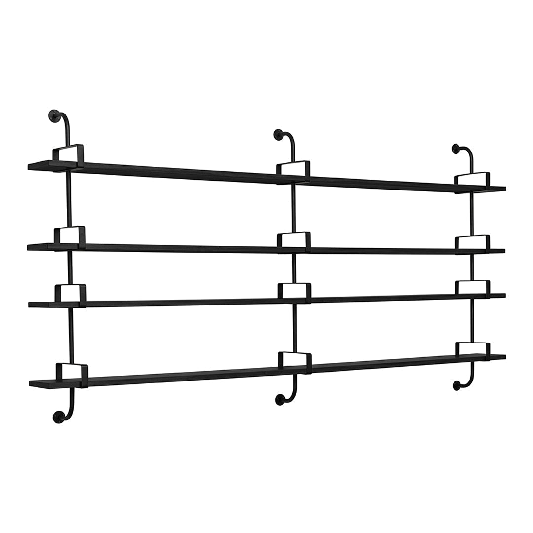 Black metal wall shelf with six rows and decorative hooks, featuring a sleek, modern design. Perfect for stylish storage.