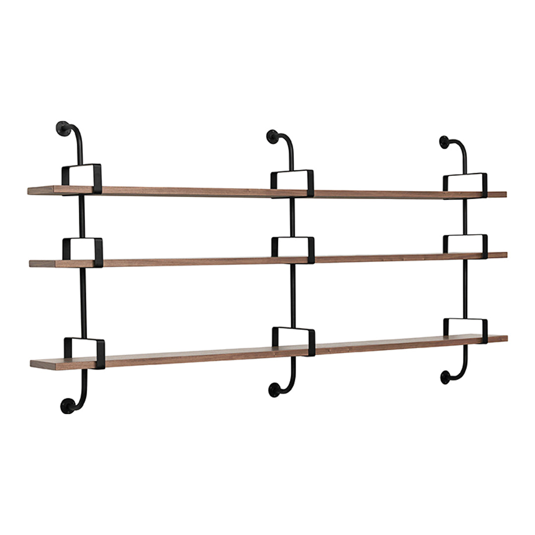 Wooden shelves with a natural finish, supported by black metal brackets, featuring a minimalist design.