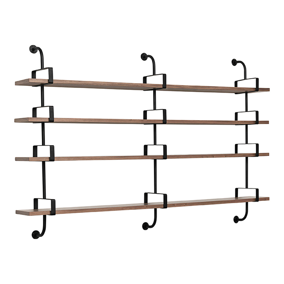 Wooden shelves with black metal brackets, featuring a natural wood finish and minimalist design.