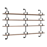 Wooden shelves with black metal brackets, featuring a natural wood finish and minimalist design.