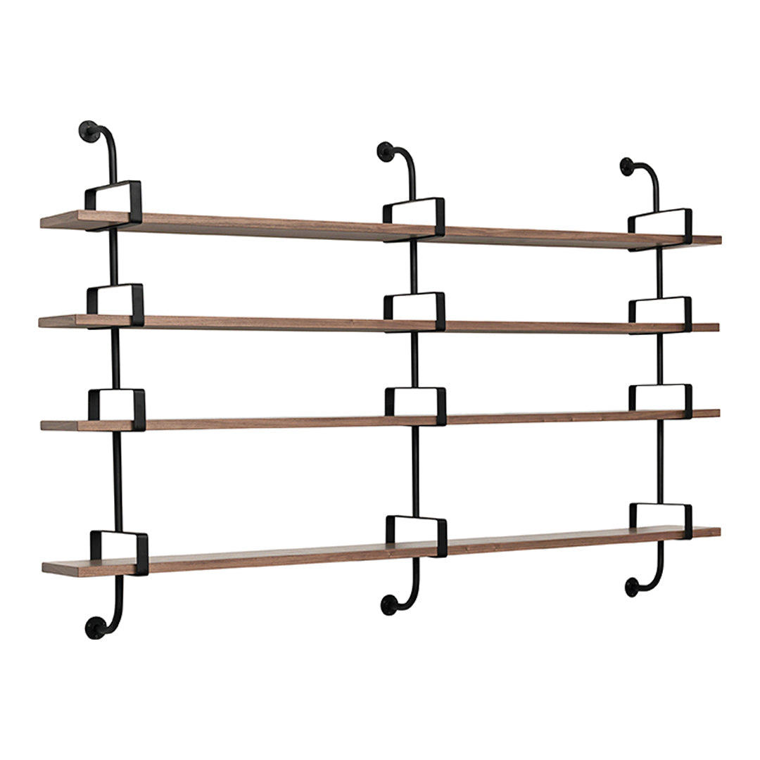 Wooden shelves with black metal brackets, featuring a natural wood finish and minimalist design.
