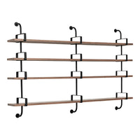Wooden shelves with black metal brackets, featuring a natural wood finish and minimalist design.