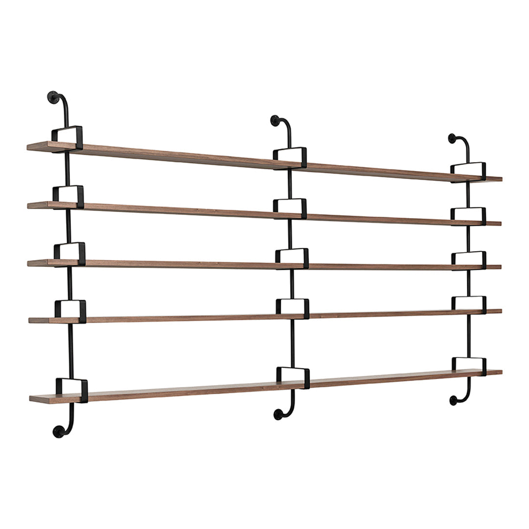 Wooden shelves with a natural finish, black metal brackets, and a minimalistic design for modern decor.