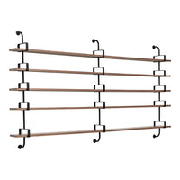 Wooden shelves with a natural finish, black metal brackets, and a minimalistic design for modern decor.