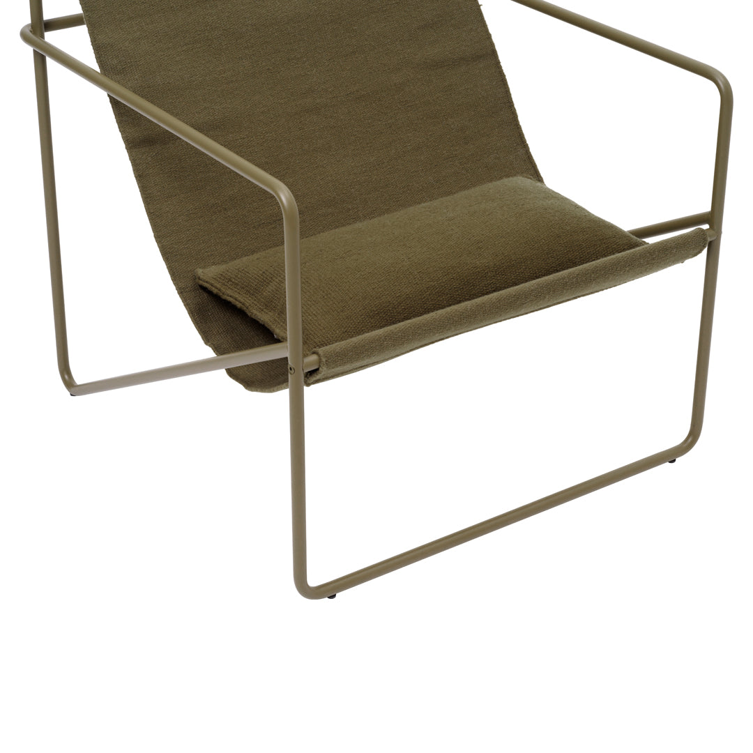 Olive green lounge chair with a sleek metal frame and a smooth, minimalist design. Perfect for modern interiors.