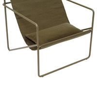 Olive green lounge chair with a sleek metal frame and a smooth, minimalist design. Perfect for modern interiors.