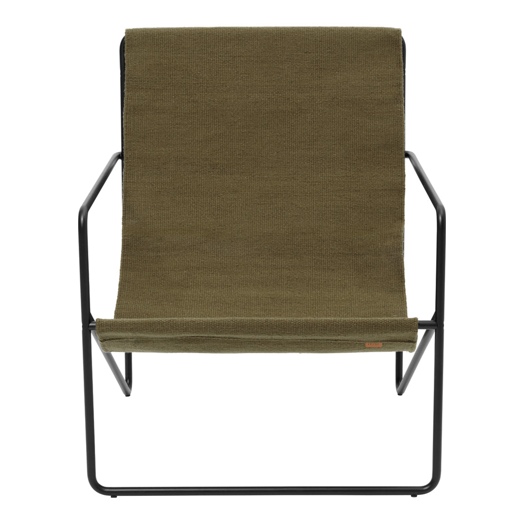 Olive green chair with a simple, solid texture and sleek black metal frame. Perfect for modern decor.