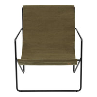 Olive green chair with a simple, solid texture and sleek black metal frame. Perfect for modern decor.
