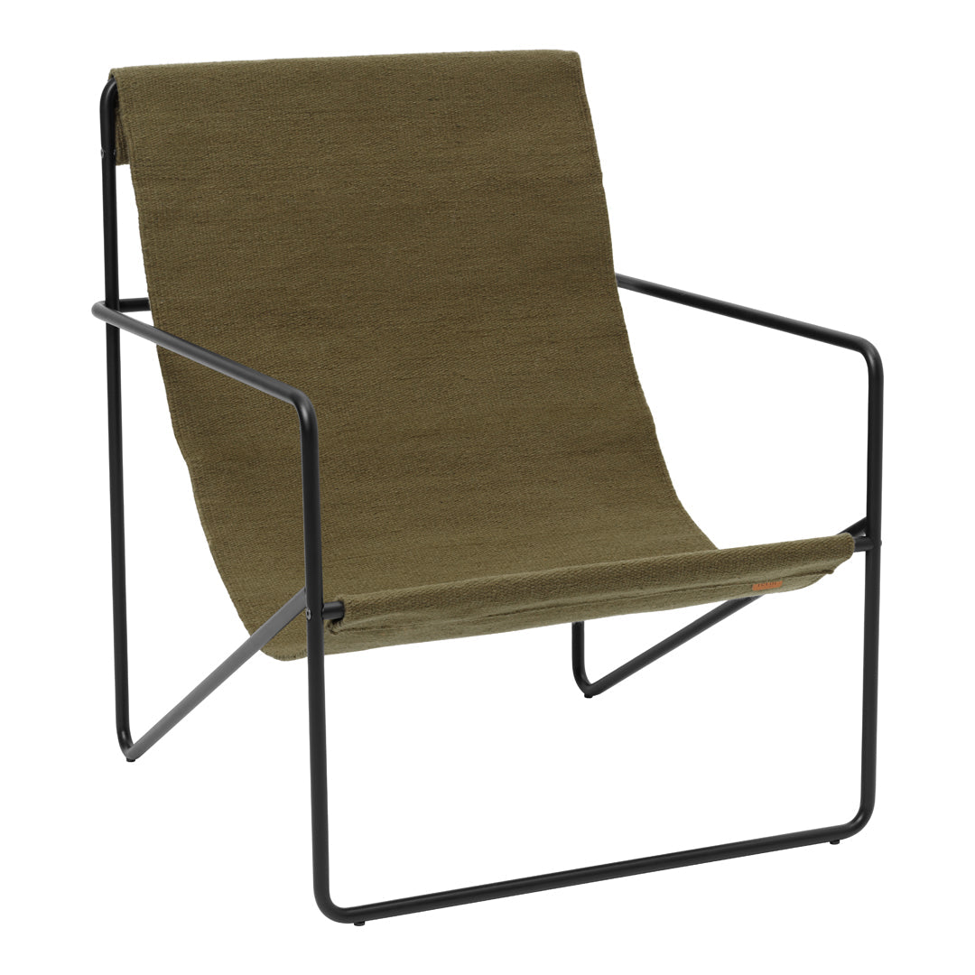 Olive green fabric lounge chair with a minimalist black metal frame. Simple design with a modern aesthetic.