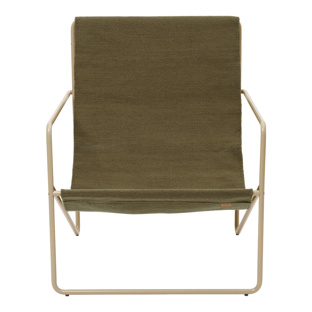 Olive green fabric with a smooth texture on a neutral beige metal frame, modern minimalist design.