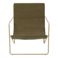 Olive green fabric with a smooth texture on a neutral beige metal frame, modern minimalist design.