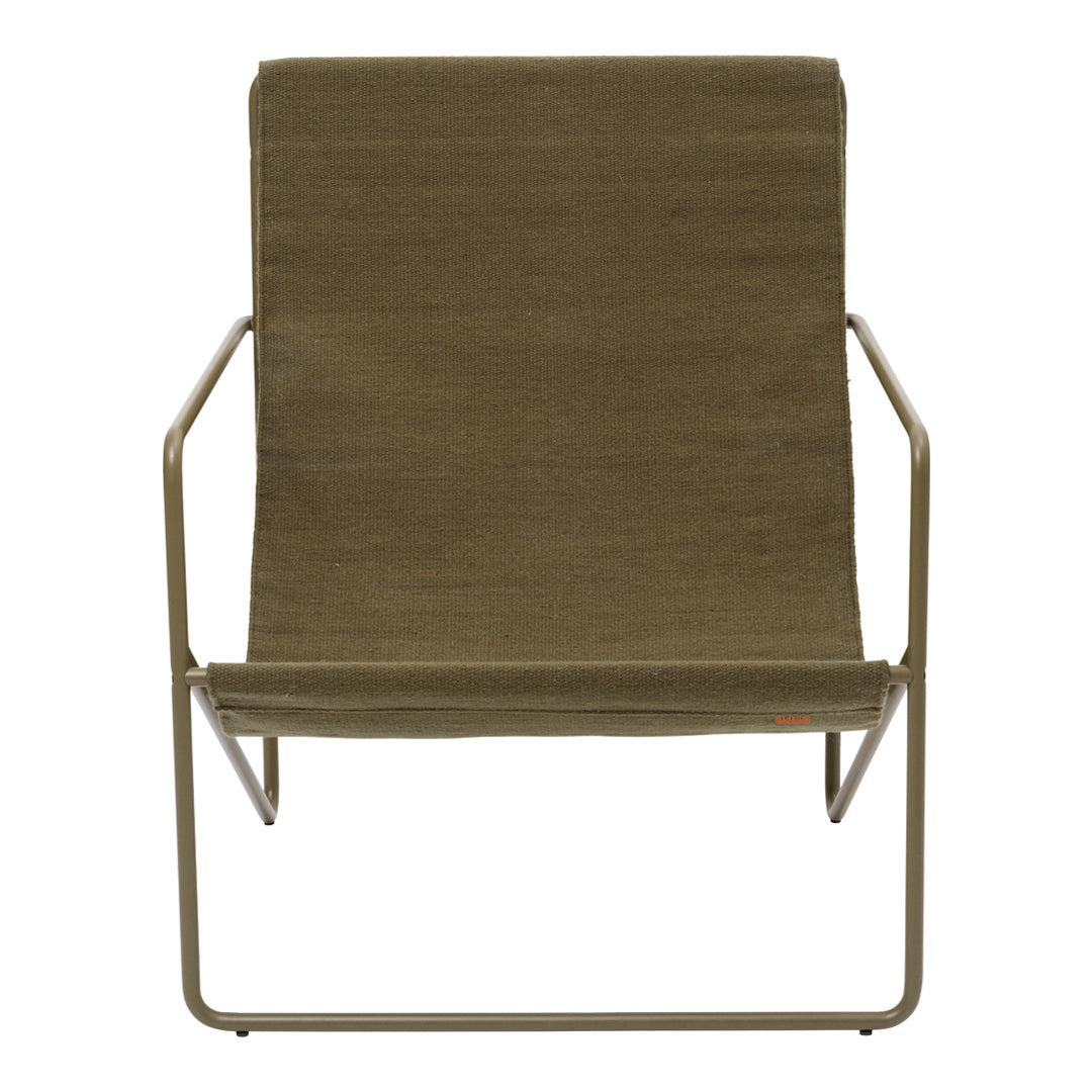Olive green lounge chair with a simple, textured fabric and minimalist metallic frame.