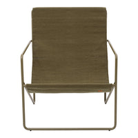 Olive green lounge chair with a simple, textured fabric and minimalist metallic frame.