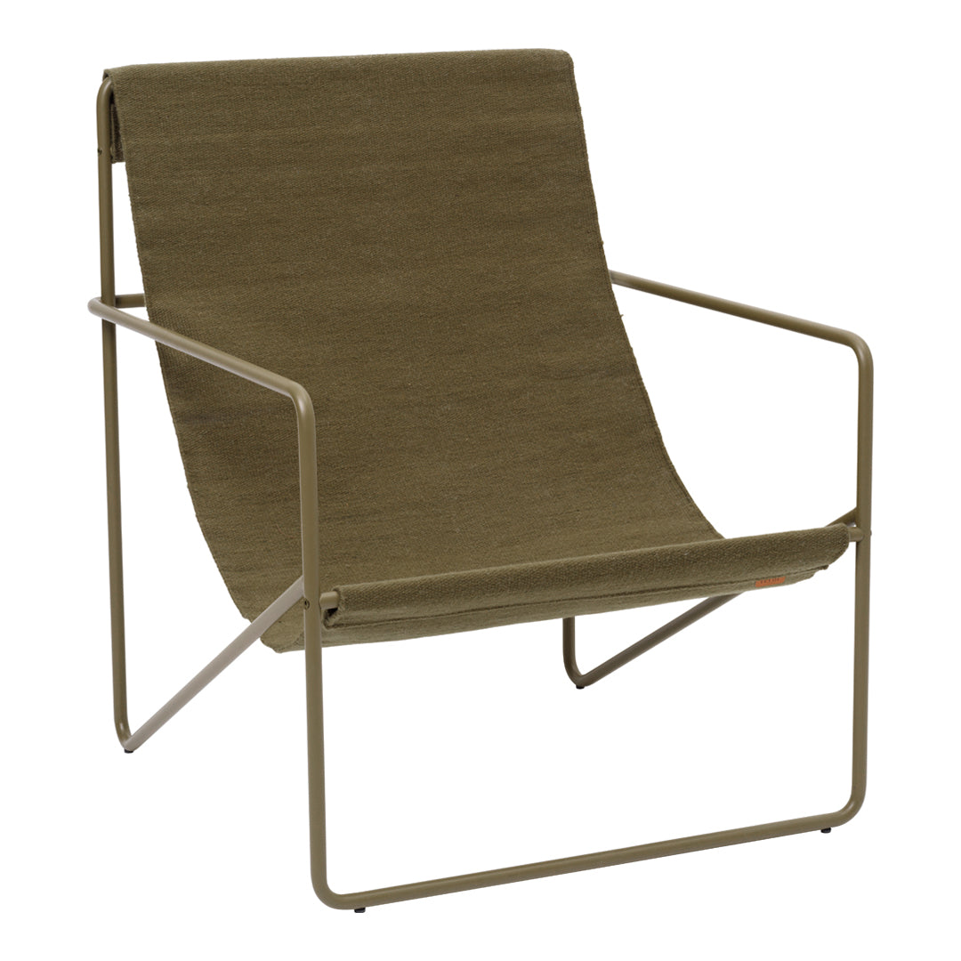 Olive green chair with a minimalist design and textured fabric seat, featuring a sleek metal frame.