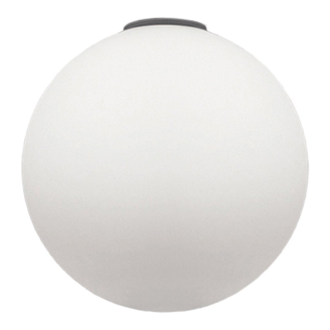 White spherical pendant light with a matte finish and a black top accent. Ideal for modern decor.