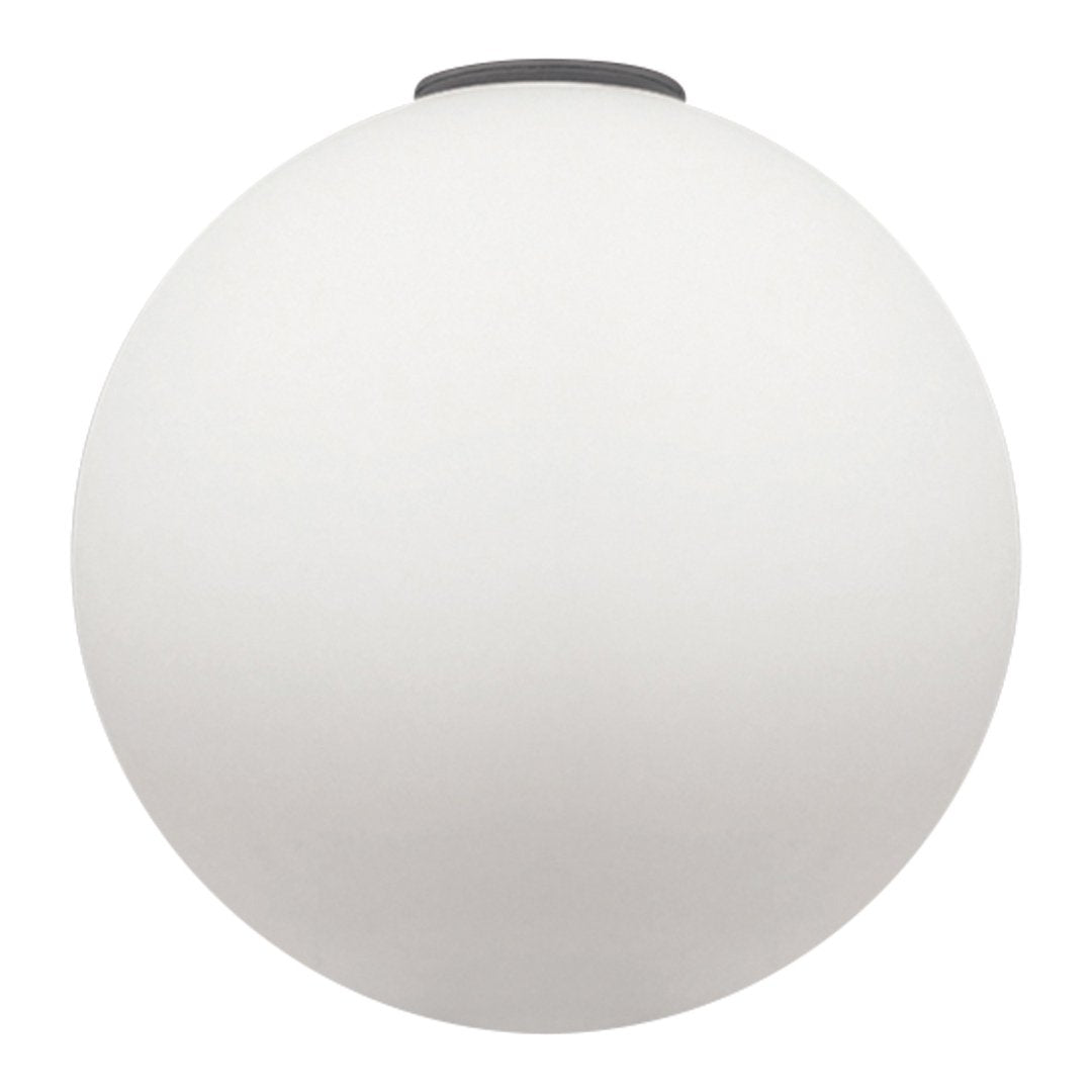 Round white glass light fixture with a smooth matte finish and a sleek black accent on top. Perfect for modern decor.