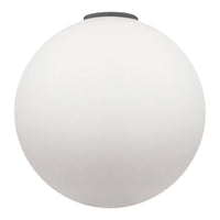 Round white glass light fixture with a smooth matte finish and a sleek black accent on top. Perfect for modern decor.