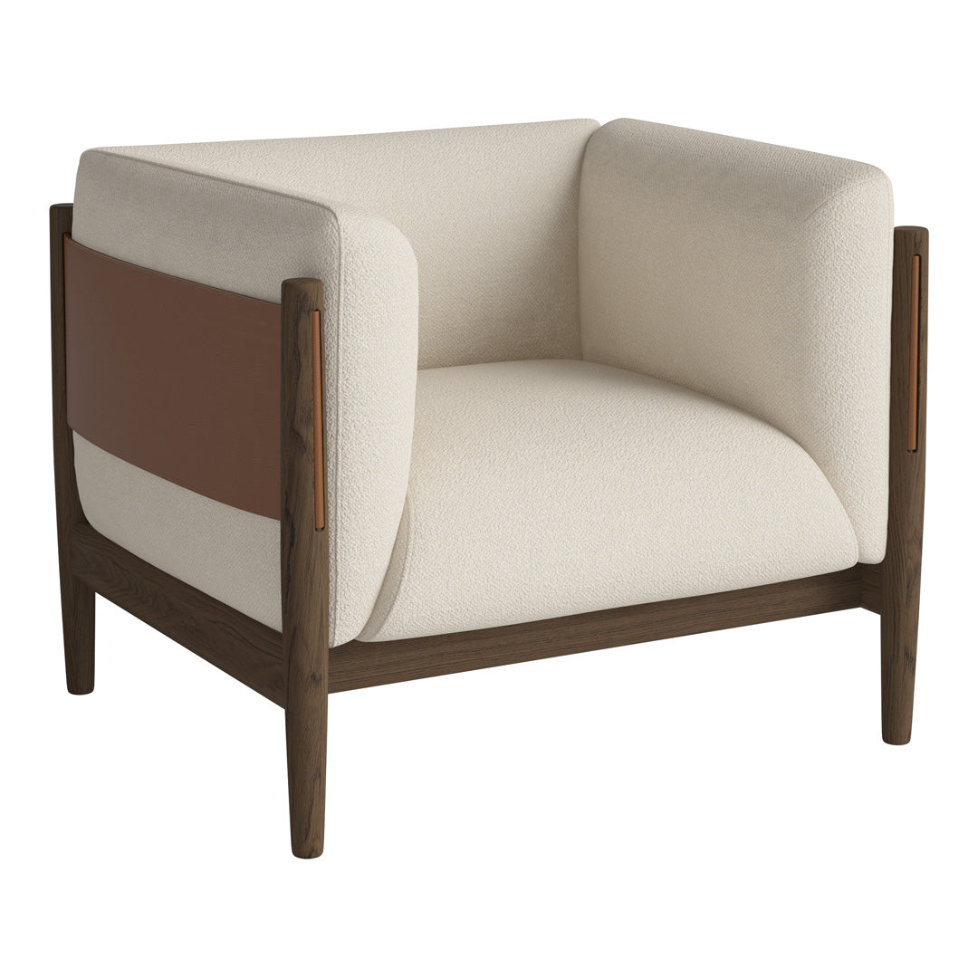 Cream and brown two-tone upholstered armchair with wood accents, featuring a modern minimalist design.