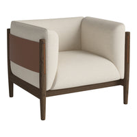 Cream and brown two-tone upholstered armchair with wood accents, featuring a modern minimalist design.